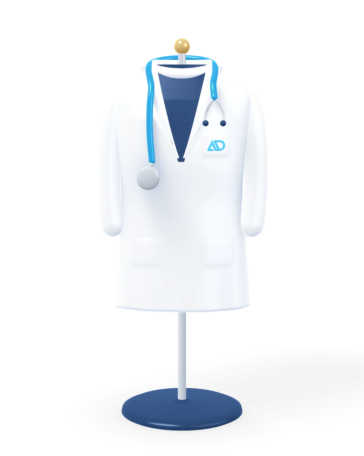 A dentist's white coat on a stand, with a stethoscope round the collar and the Apex Dental mark on its pocket, turning slowly