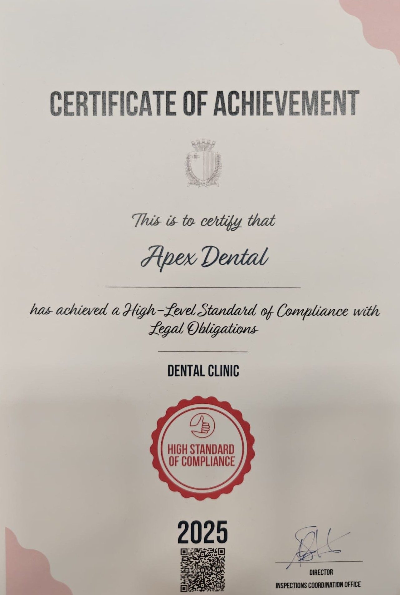 Apex Dental compliance certificate