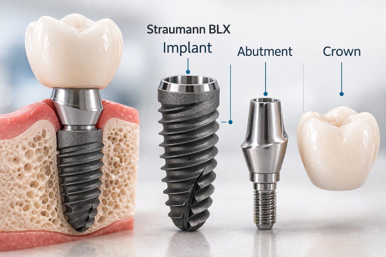 A Straumann BLX implant shown with its abutment and crown
